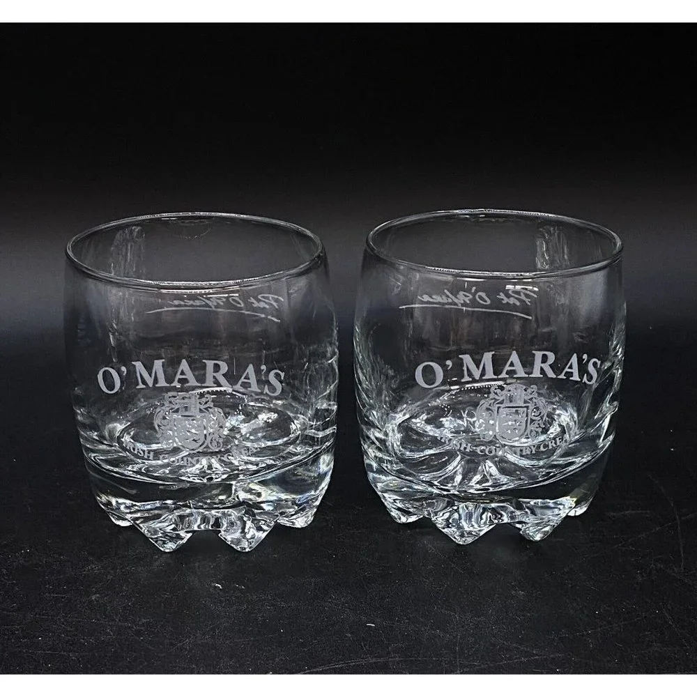 O'Mara’s Irish Country Cream Glass Lot 2 Rocks Glasses Etched Logo Pat O'Mara